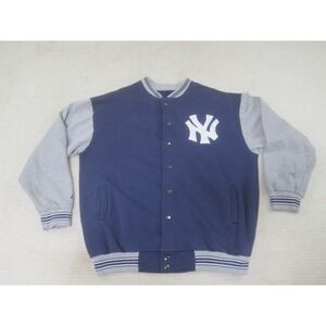 New York Yankees Jacket Mens L/XL Blue Gray Bomber Varsity Button Majestic